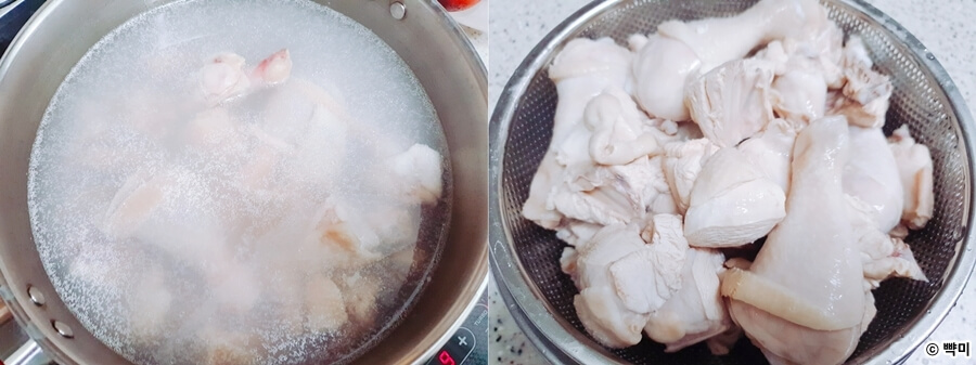 손질한 닭을 끓는 물에 데친 뒤 찬물로 헹구는 닭도리탕 끓이는 법