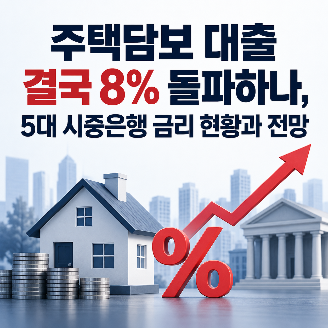 주택담보대출 금리 8% 돌파 가능성과 5대 시중은행 금리 전망을 집, 은행, 상승 화살표, 퍼센트 기호로 표현한 금융 인포그래픽.