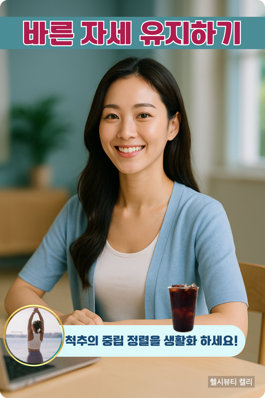 바른 자세를 유지하는 여성의 건강한 미소 이미지