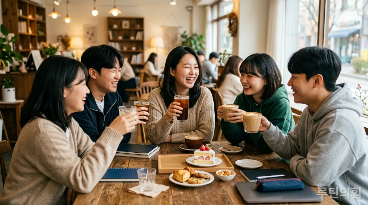 스터디 목표 달성 후 함께 축하하며 보상을 즐기는 한국 학생들