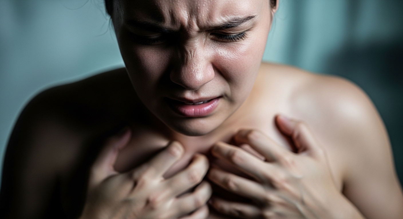 고통스럽게 가슴을 움켜쥐고 있는 사람의 모습. 심근경색으로 인한 가슴 통증을 상징.