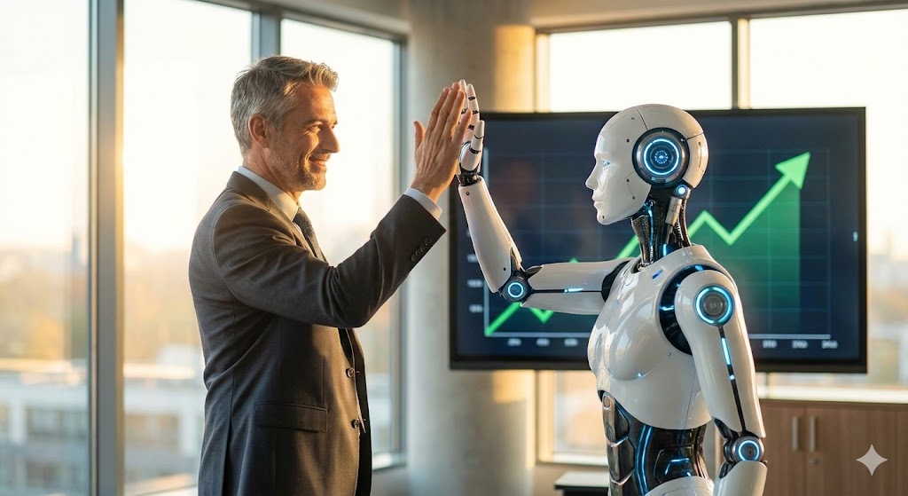 노련한 50대 직장인이 AI로봇과 악수를 하거나 하이파이브를 하며 협력하는 모습