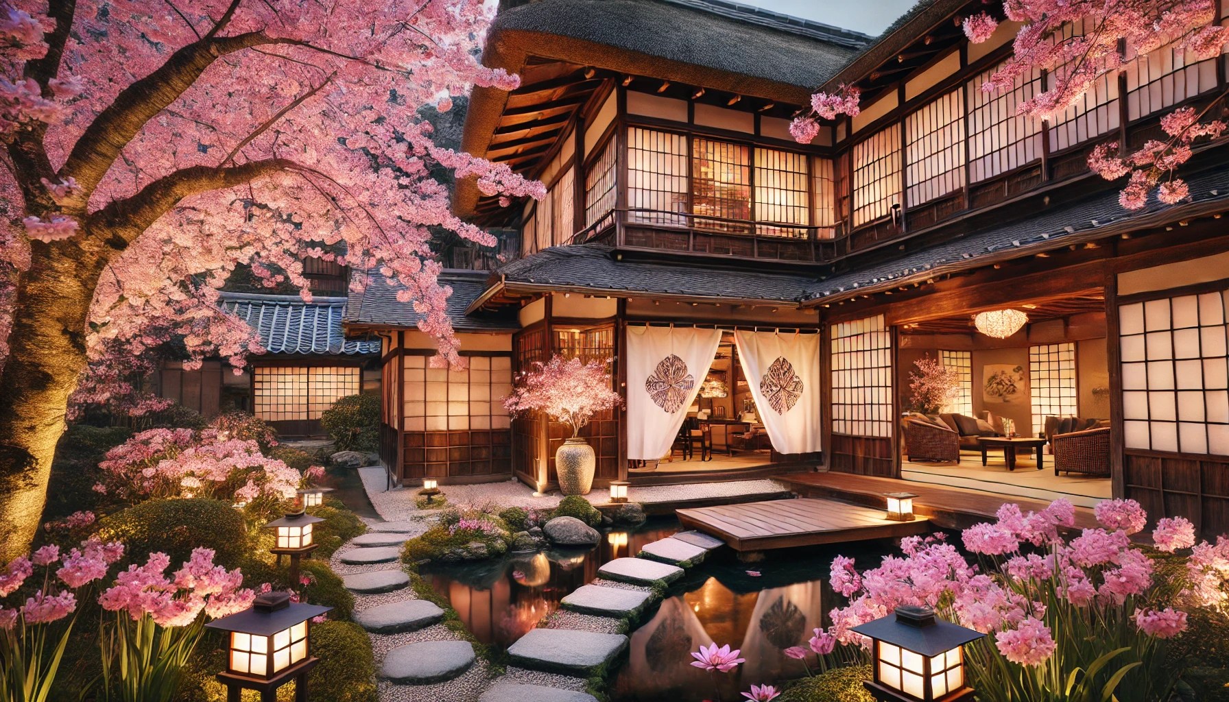 교토의 전통 료칸에서 벚꽃을 감상하는 모습