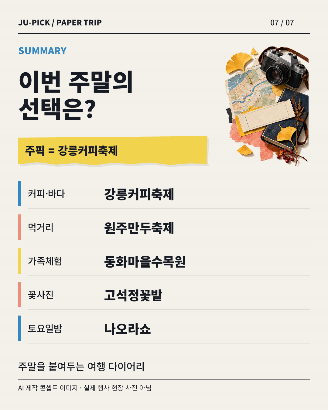 강원권 주말 나들이 목적별 선택과 이번 주 주픽 요약 &middot; AI 제작 콘셉트 이미지, 실제 행사 사진 아님