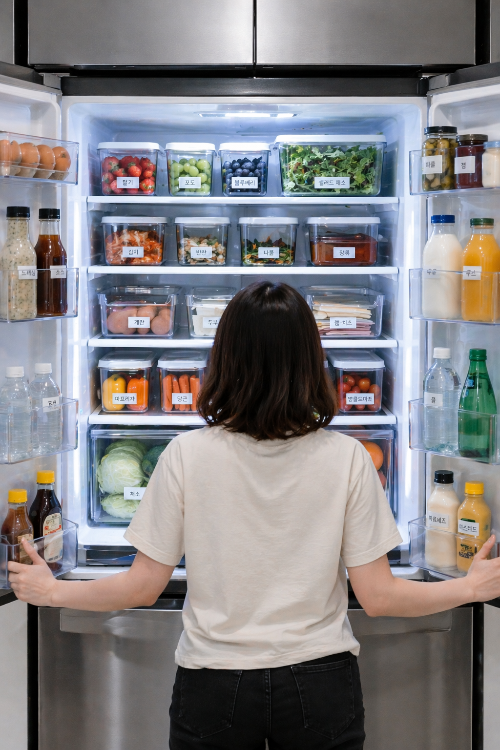 환하게 불이 켜진 냉장고 문을 열고 안을 들여다보는 사람의 뒷모습