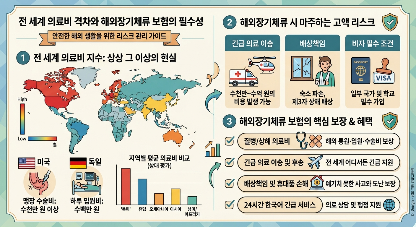 전 세계 의료비 지수와 해외장기체류 보험의 필요성을 나타내는 인포그래픽