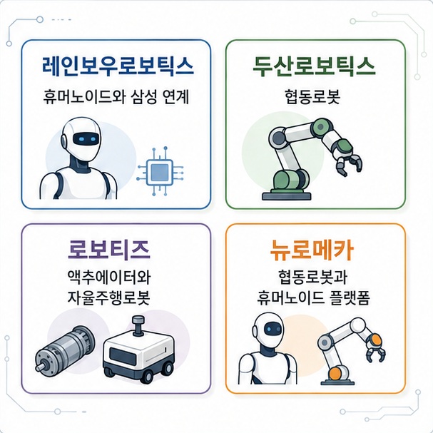 레인보우로보틱스와 두산로보틱스, 로보티즈, 뉴로메카의 주요 로봇 사업을 휴머노이드와 협동로봇, 액추에이터, 자율주행로봇으로 비교한 그림