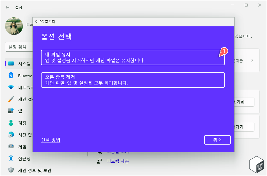 내 파일 유지 옵션 선택