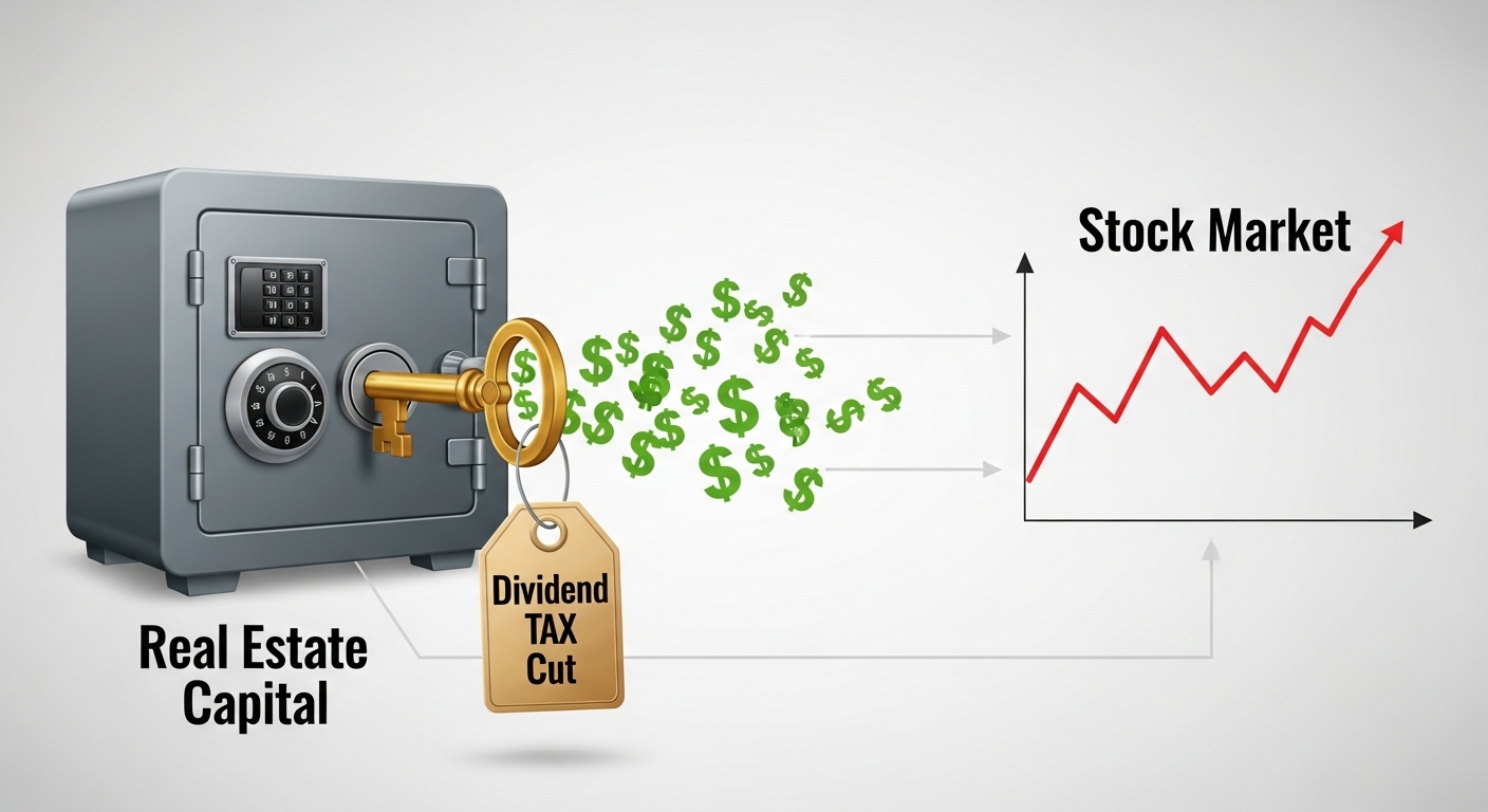 '부동산(아파트)'에 묶인 돈(자물쇠)이 '배당세 인하'라는 열쇠로 풀려 '주식(배당금)'으로 흘러가는 이미지