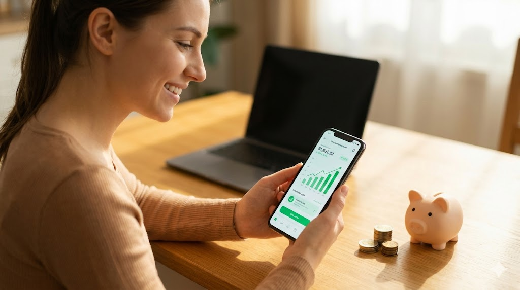 일상 속에서 즐겁게 소액 재테크를 실천하며 자산을 관리하는 긍정적인 모습