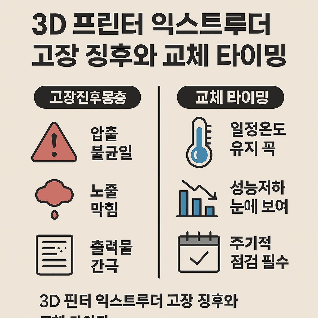 3D 프린터 익스트루더 고장 징후와 교체 타이밍 비교 인포그래픽