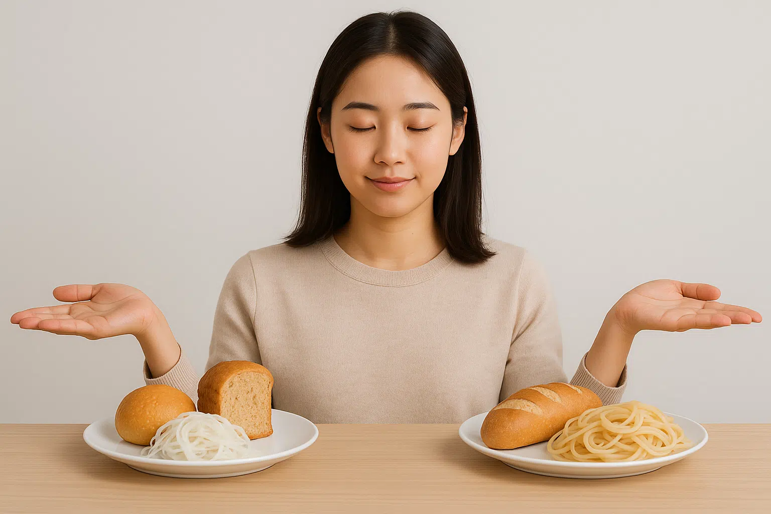 한쪽에는 글루텐 프리 빵과 쌀국수, 다른 한쪽에는 일반 밀가루 음식이 놓여 있고, 가운데에서 균형 있게 선택하는 사람