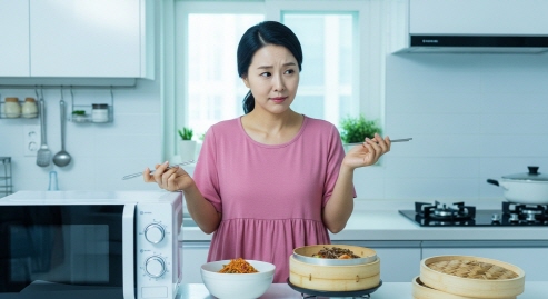 전자레인지와 찜기 두 가지 조리기구를 비교하는 한국 주부