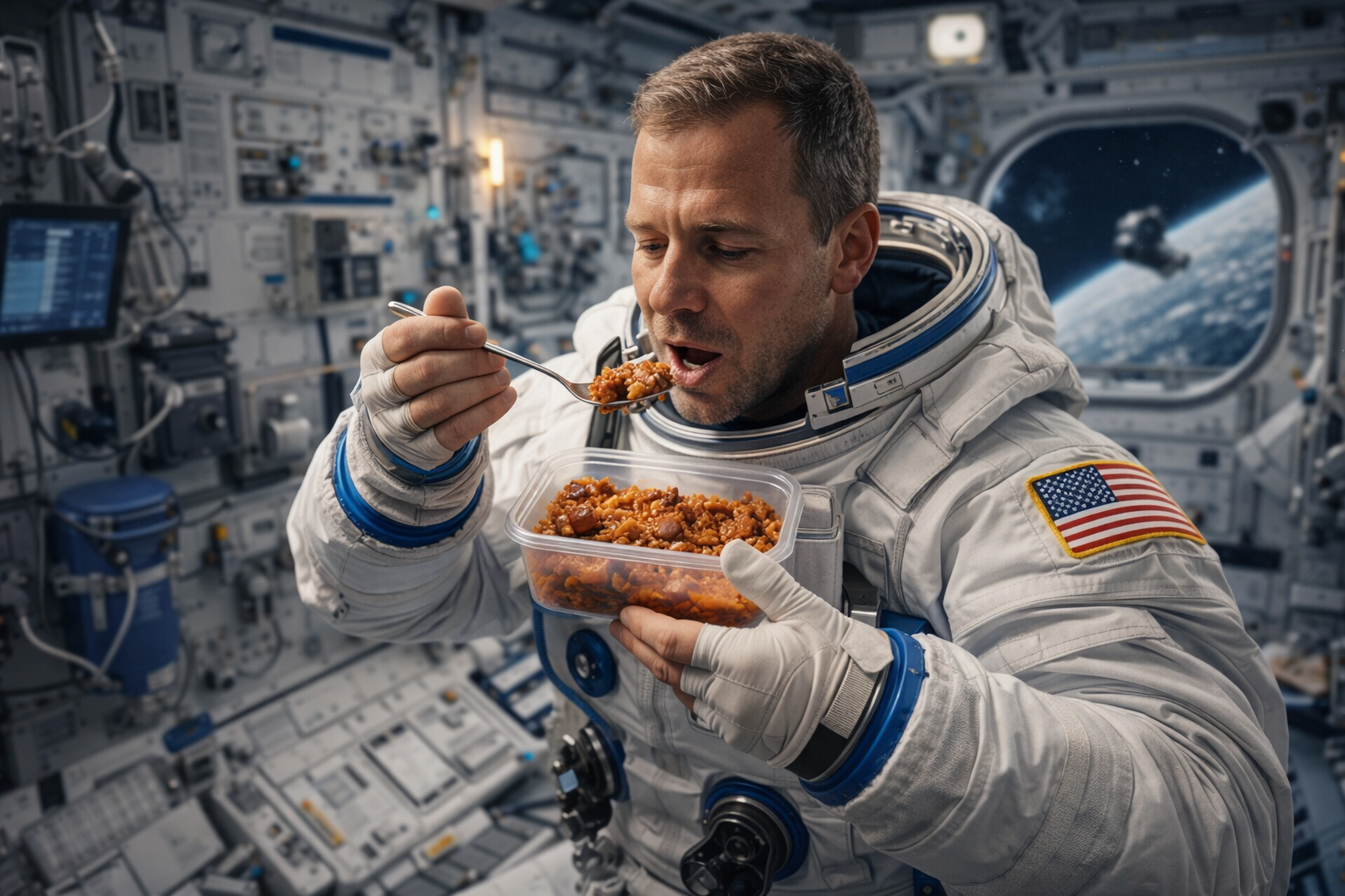 우주에서 식사하는 우주인