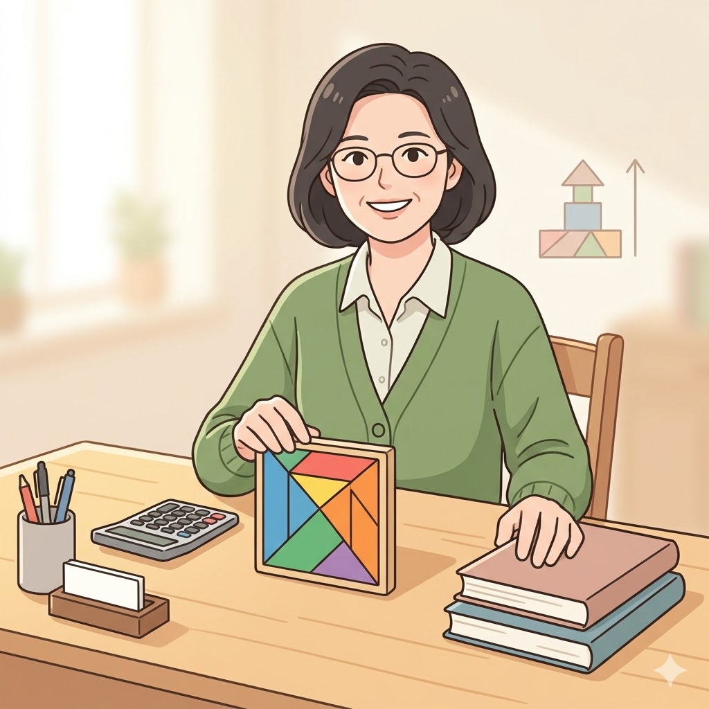 따뜻한 색감의 단순한 일러스트로 표현한 40대 여성 초등수학지도사. 안경을 쓰고 미소 짓고 있으며, 책상 위에는 수학 교구와 계산기, 그리고 '교육 전문가'라고 새겨진 카드가 놓여 있다. 뒤편에는 가득 찬 책장이 있으며, 창밖으로 한국식 학교 풍경이 보이는 친근한 분위기