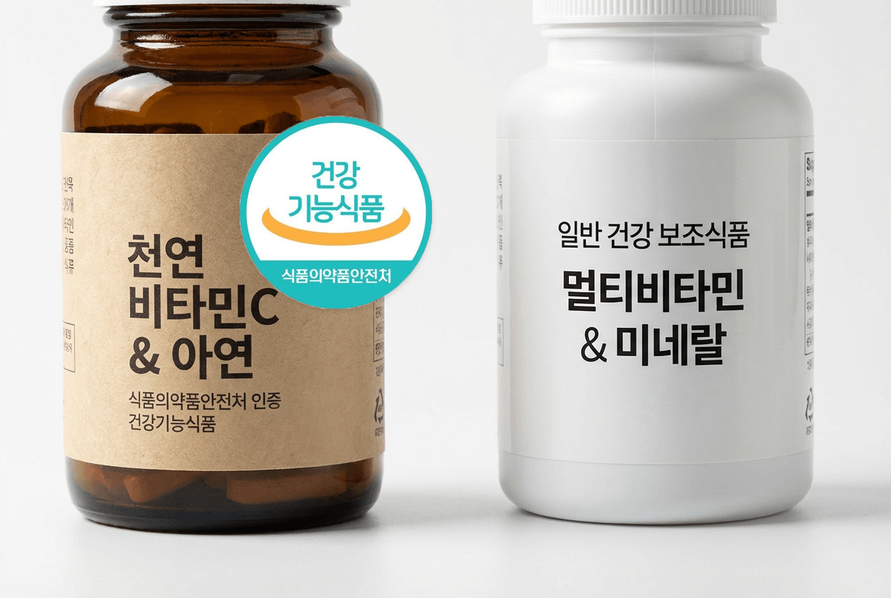 건강기능식품 고시마크가 붙은 제품과 일반식품 라벨이 나란히 놓인 비교 이미지, 깨끗한 흰색 배경