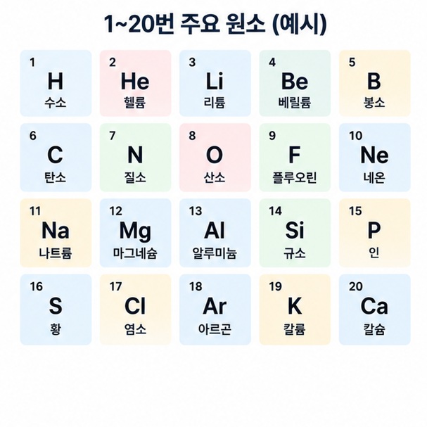 원자번호 1번부터 20번까지 원소 이름과 기호를 순서대로 묶어 외우는 방법을 보여주는 이미지