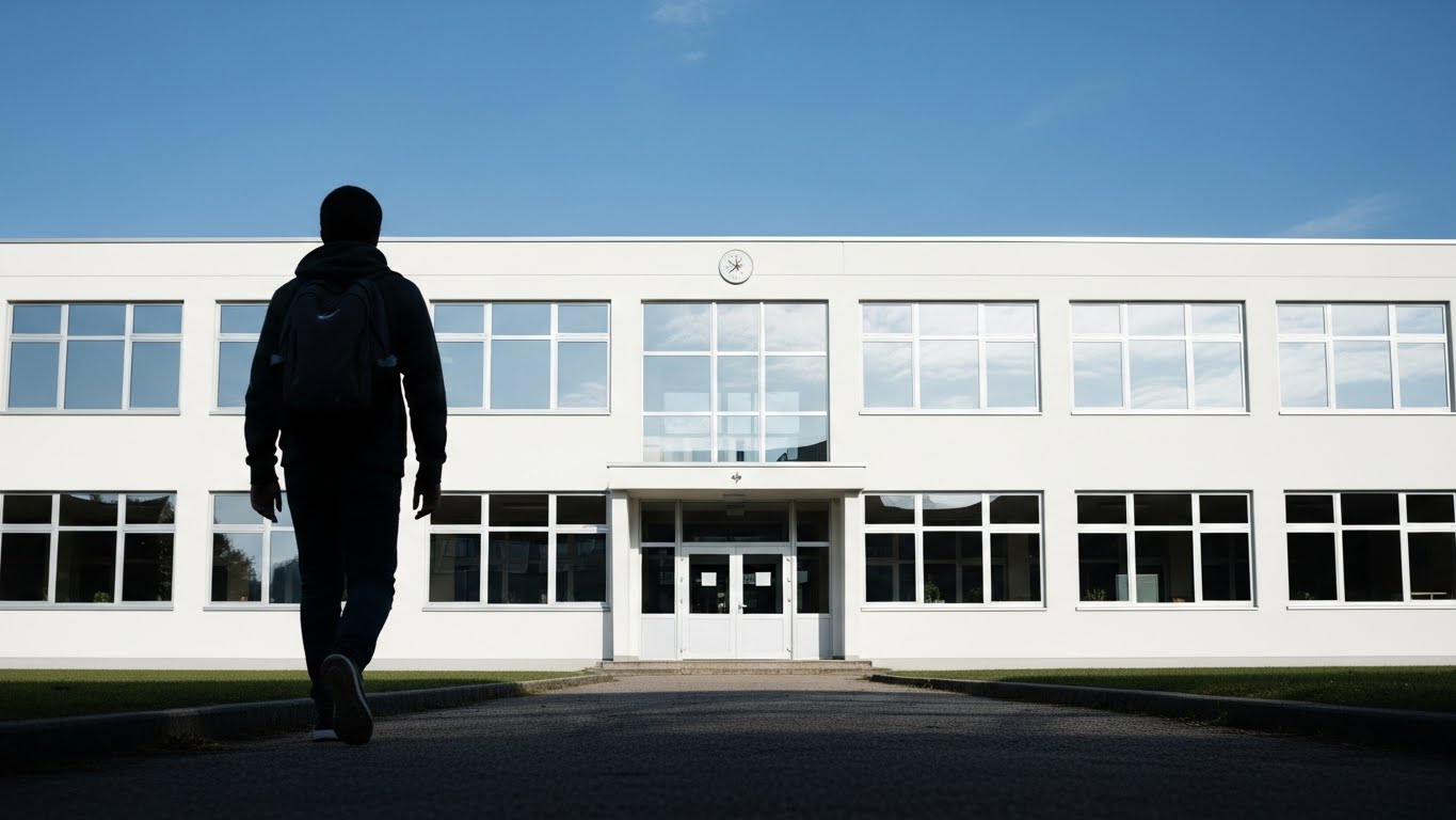 Back view of a student walking towards a bright school building under a clear blue sky. Focus on the destination.