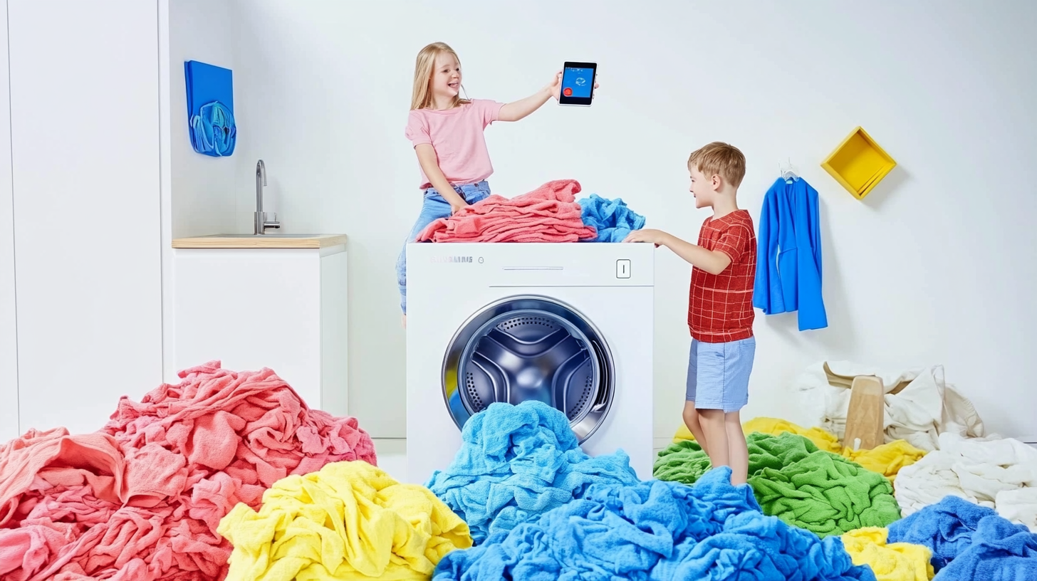 세탁 명령을 스마트폰 앱으로 쉽게 전송하며 대량의 세탁물을 처리하는 바쁜 가족의 모습