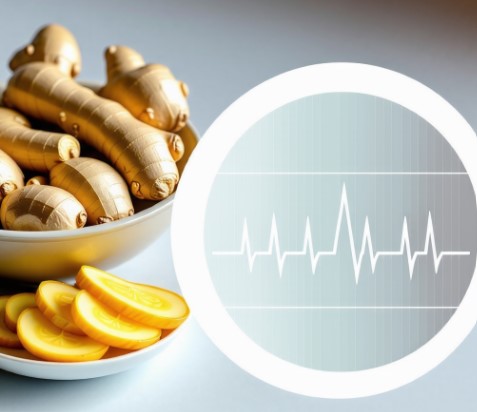 생강이 그릇에 담겨있고, 안정적인 혈압 그래프가 있습니다.