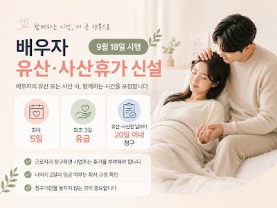 배우자 유산&middot;사산휴가 5일과 최초 3일 유급, 20일 이내 청구 요건을 설명하는 이미지