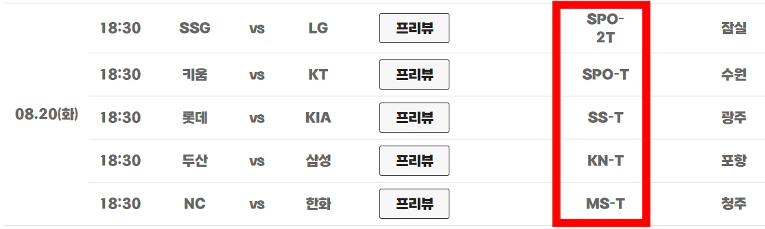 야구중계 방송사 채널명 표시