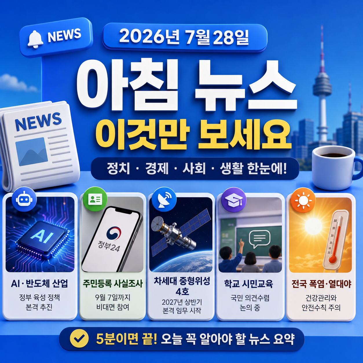 2026년 7월 28일 대한민국 아침 뉴스 브리핑