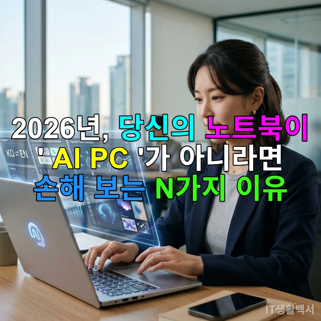 2026년 한국의 현대적인 사무실에서 AI PC 노트북으로 효율적으로 작업하는 한국인 전문가