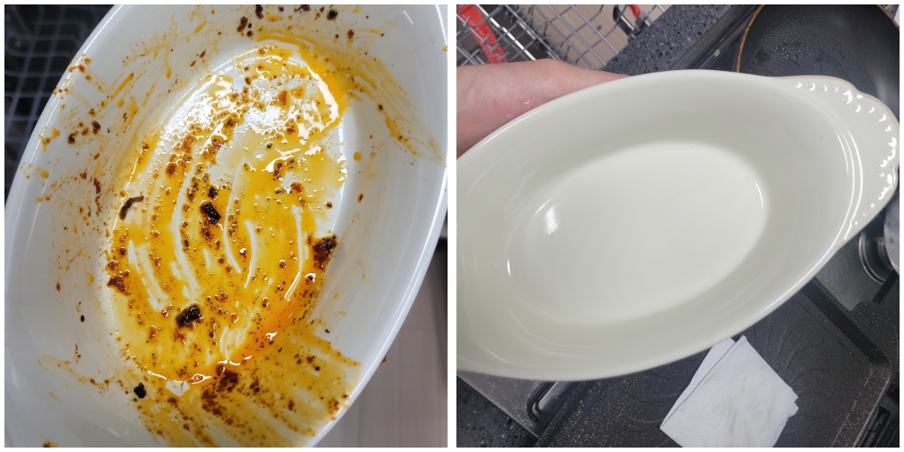 에코버 올인원으로 기름기 묻은 접시 세척 후 사진