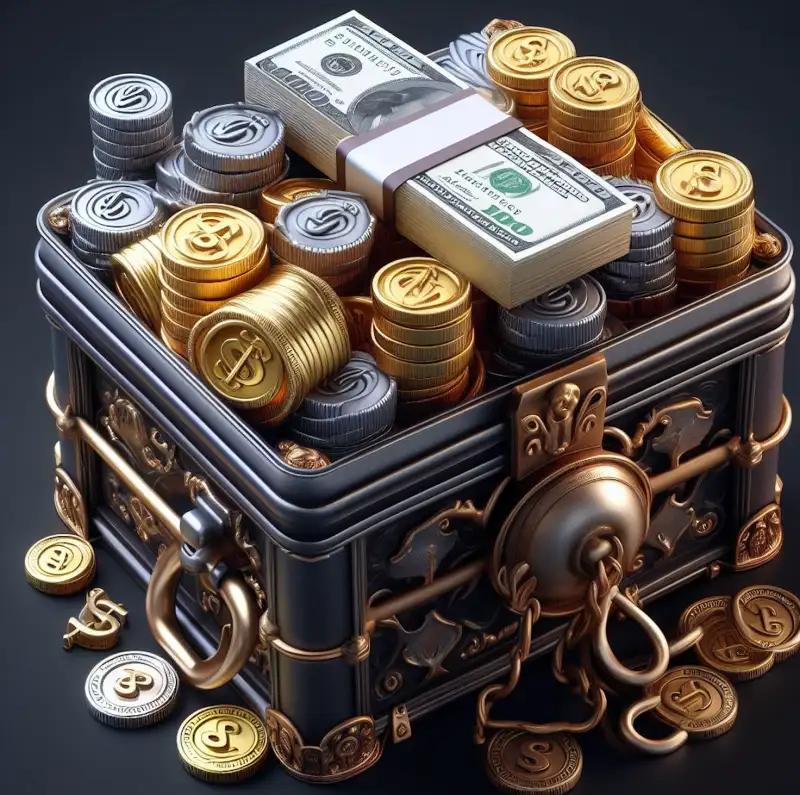 미니어처-보물상자와-돈을-모아놓은-모습