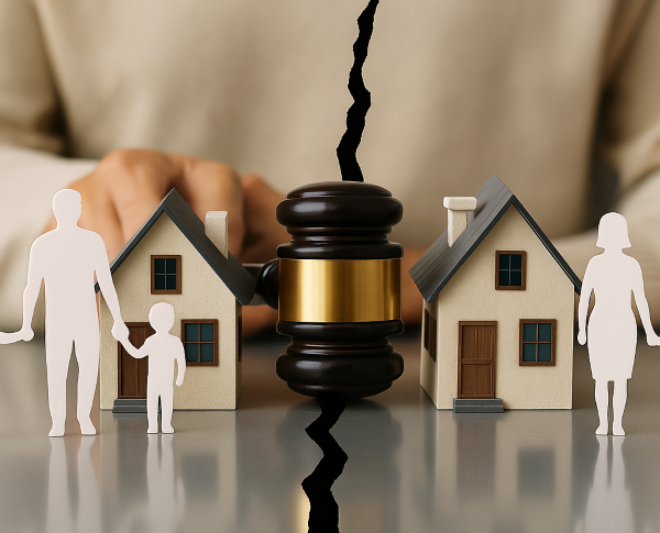 이혼 재산 분할을 상징하는 저울과 법정 판사봉 사이에 나뉘어진 가족과 주택 모형. 사랑과 현실 사이에서 선택해야 하는 이혼 절차를 상징하는 이미지.