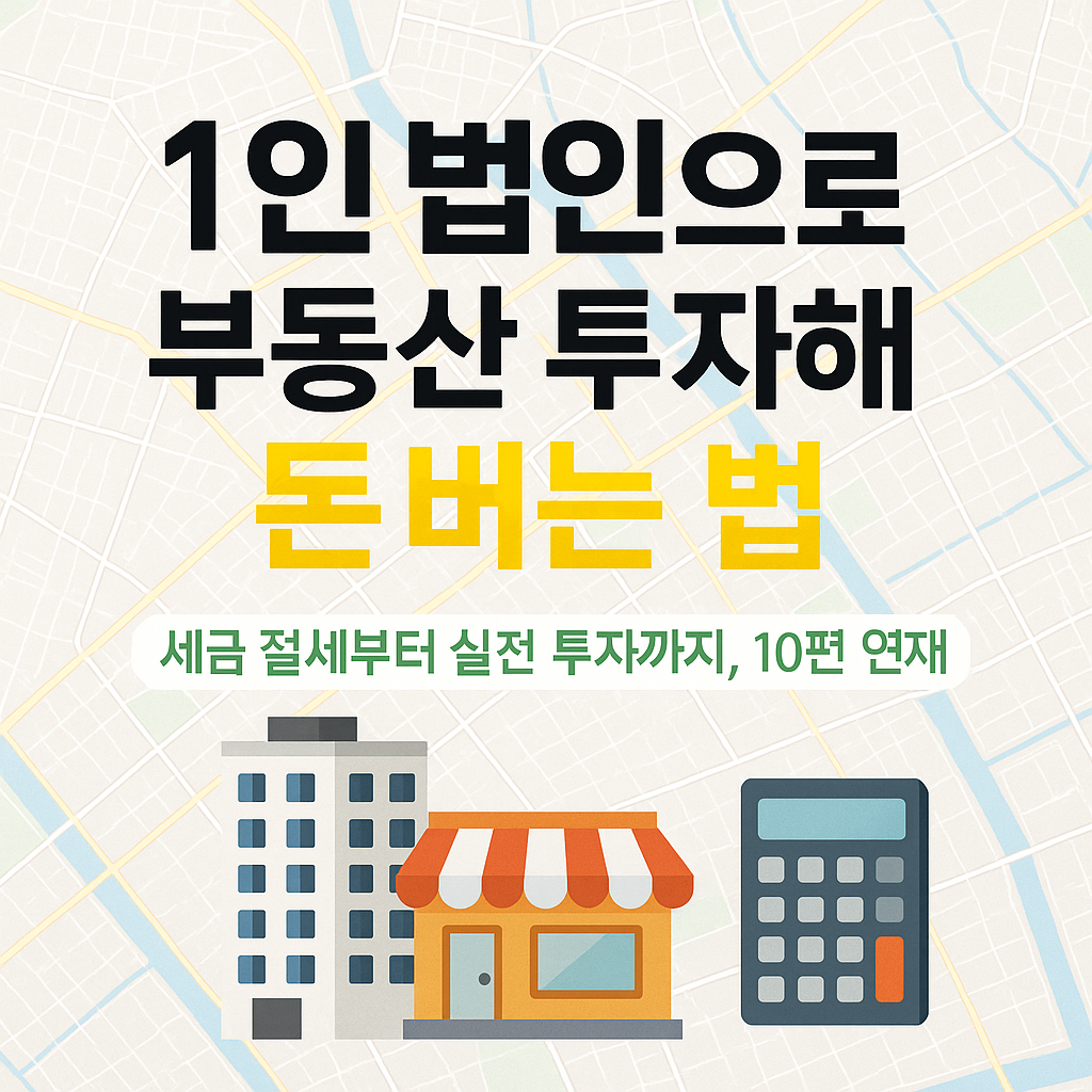 1인 법인으로 부동산 투자해 돈 버는 법, 절세와 실전 투자 연재 안내, 건물·상가·계산기 일러스트 배경