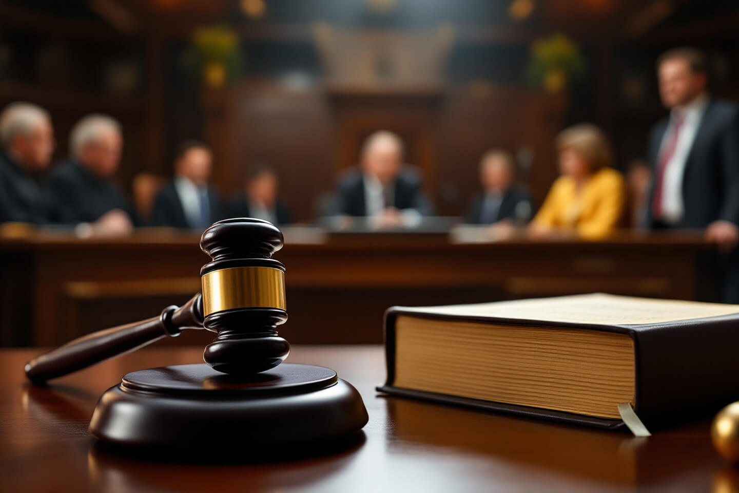 법정 내부의 테이블 위에 놓인 판사의 망치와 두꺼운 법전이 강조된 모습. 망치는 금속 장식이 달린 나무 손잡이로 만들어져 있으며, 법전은 가죽 커버에 페이지 가장자리가 약간 노출되어 있다. 배경에는 흐릿하게 판사들과 정치인을 상징하는 여러 인물이 심의를 진행하는 듯한 모습이 보인다. 따뜻한 조명이 공간을 밝히며, 진지하고 엄숙한 분위기가 느껴지는 장면이다
