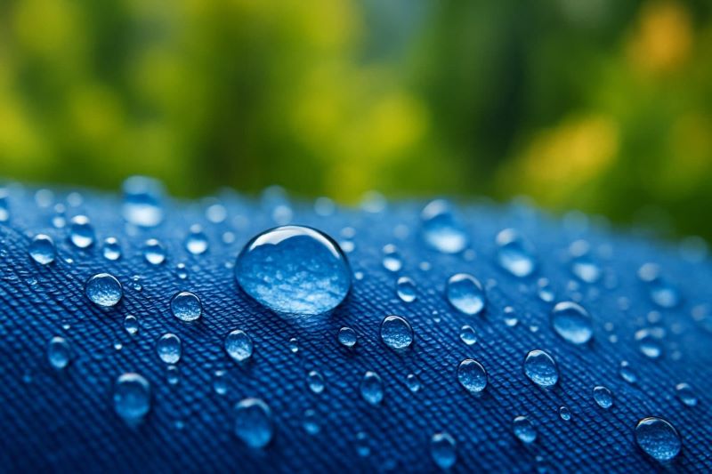 고성능 방수 원단 위에 맺힌 물방울과 야외 배경이 어우러진 클로즈업