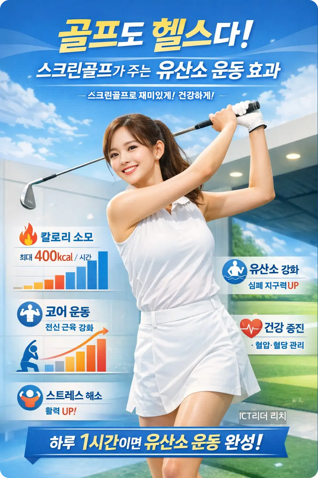 20대 여성이 밝은 실내에서 스크린골프 스윙을 하는 모습. 유산소 운동 효과를 강조한 고화질 세로형 인포그래픽 이미지.