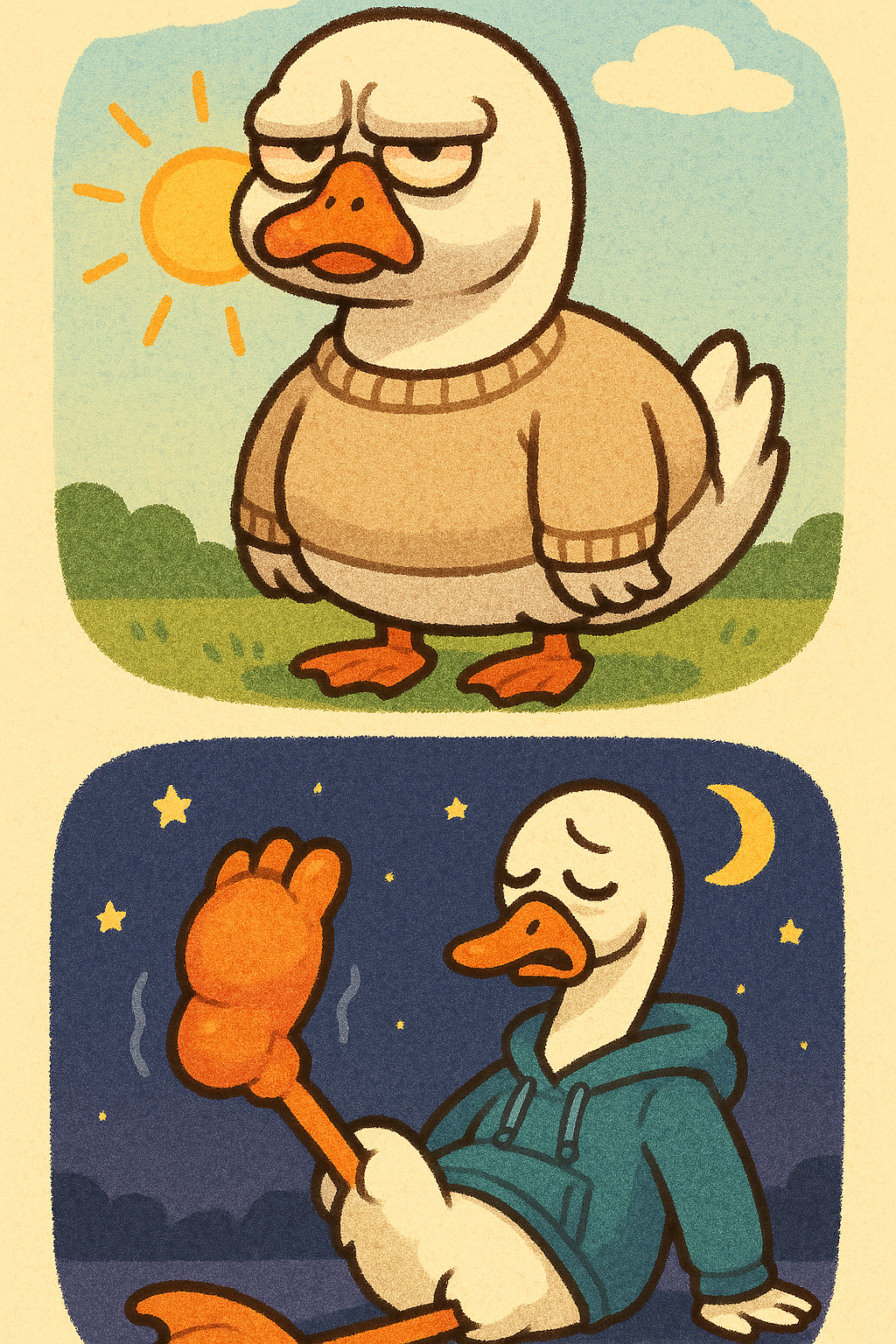 눈까지 퉁퉁 부은 얼굴로 불만 가득한 아침 백조와 다리를 번쩍 들고 힘들어하는 밤 백조