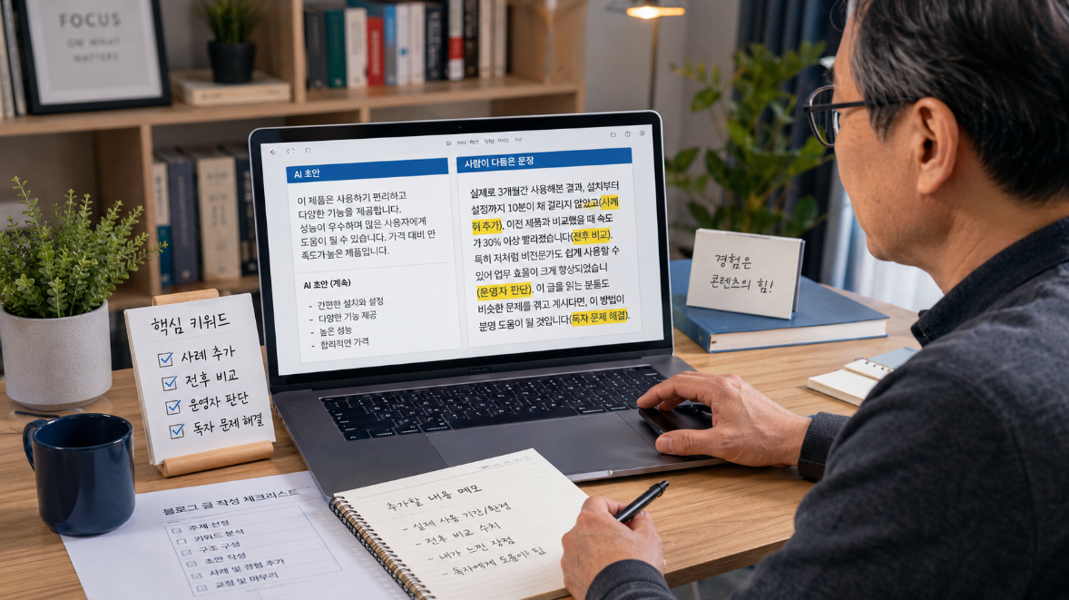ALT: AI가 작성한 블로그 초안에 사람의 경험과 사례를 추가하는 장면