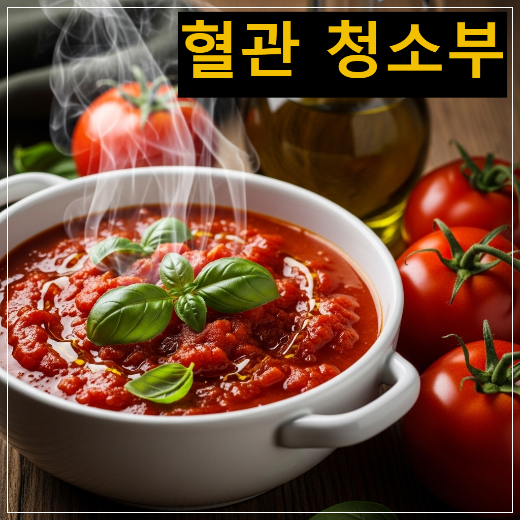 올리브 오일을 넣어 따뜻하게 끓인 붉은 토마토 스튜와 신선한 바질 장식