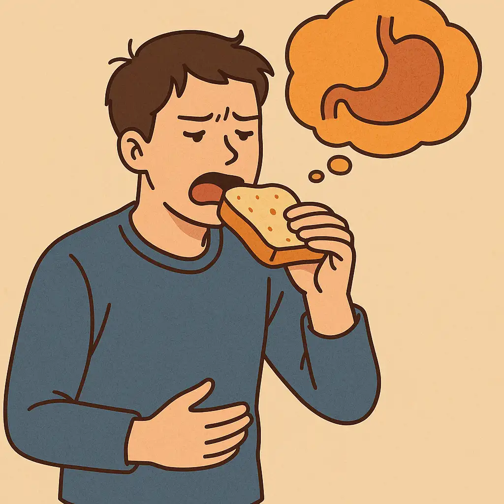 빵을-먹고-있지만-허기를-느끼는-사람의-표정을-통해-빵의-혈당지수와-인슐린-반응이-배고픔을-유발하는-현상을-표현한-이미지