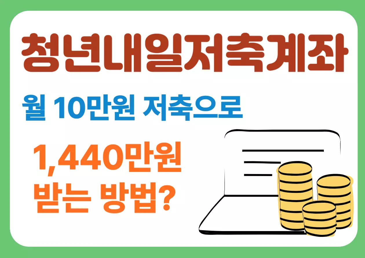 "청년내일저축계좌 안내 이미지. '월 10만 원 저축으로 1,440만 원 받는 방법?'이라는 문구와 함께 노트북 그림과 동전 더미 일러스트가 함께 배치되어 있으며, 배경은 흰색에 초록 테두리로 구성됨. 청년 자산 형성 지원 제도를 강조하는 홍보용 이미지."