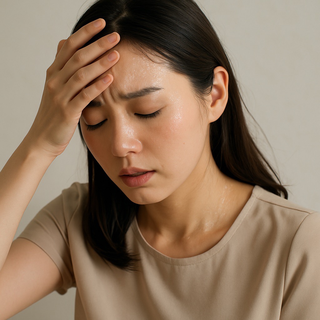 식은땀을 흘리며 어지러움을 느끼는 여성(출처: 자체제작)