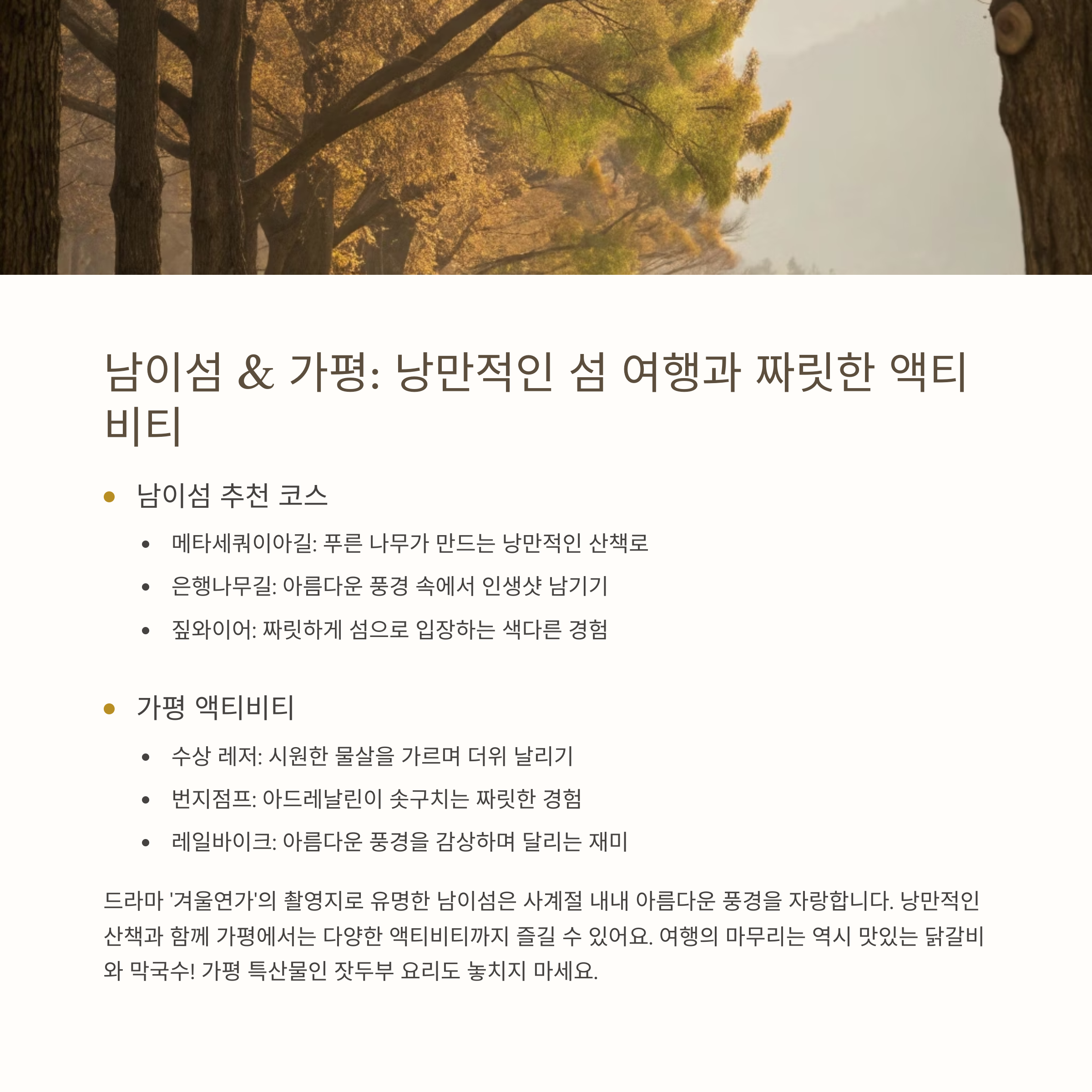 남이섬 & 가평: 낭만적인 섬 여행과 짜릿한 액티비티