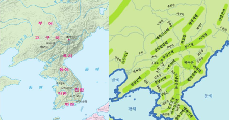 역시 지형도 _추천자료 : 동북아역사넷 고구려의 자연지리와 환경의 '만주와 한반도의 주요 산맥과 하천 지도