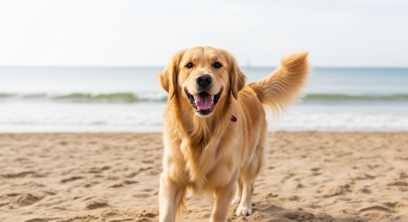 A happy Golden Retriever excitedly playing on the beach.