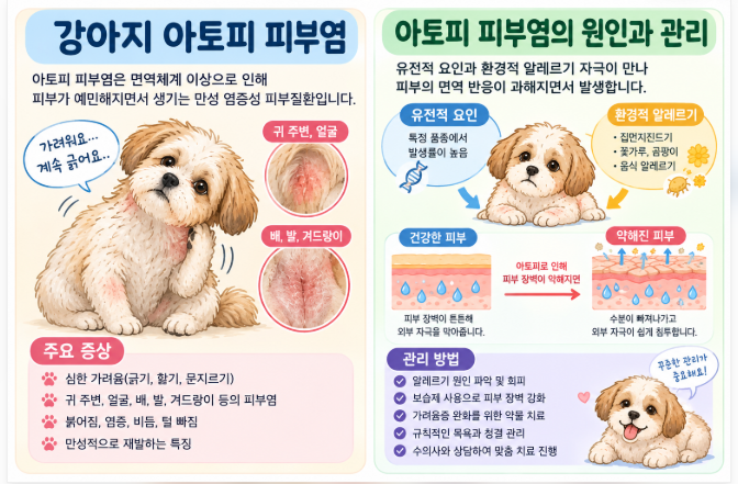 강아지 아토피 피부염 원인과 치료법|발 핥기·심한 가려움·피부 붉어짐 관리