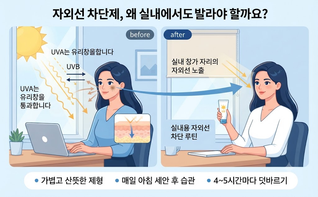 "실내 창가 자리에서 자외선(UVA)이 유리창을 통과해 피부에 영향을 주는 모습과, 자외선 차단제를 바른 후 창가에서 보호받는 모습을 비교한 인포그래픽. 가볍고 산뜻한 제형의 자외선 차단제 사용, 아침 세안 후 습관, 4~5시간마다 덧바르기를 권장하는 실내 자외선 차단 루틴 안내문 포함."