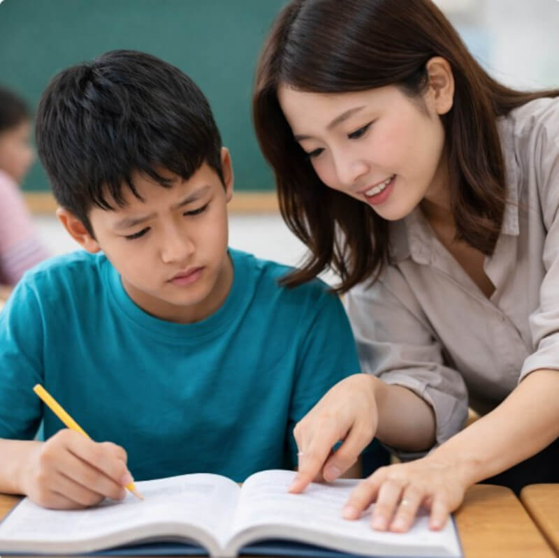 학생의 이해도를 확인하며 설명하는 교사 모습