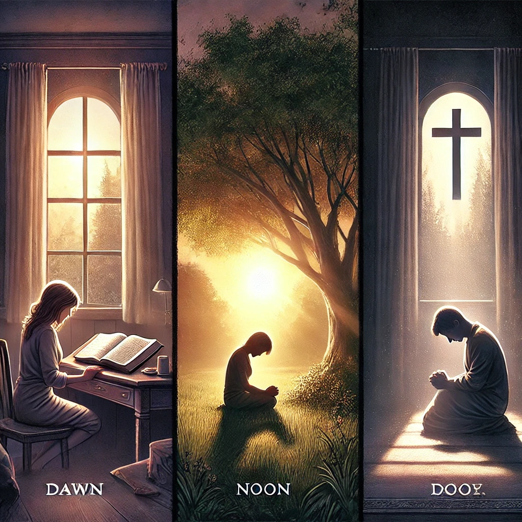 Here is the depiction of a person praying three times a day—morning, noon, and evening—reflecting devotion and trust in God's unchanging promises.