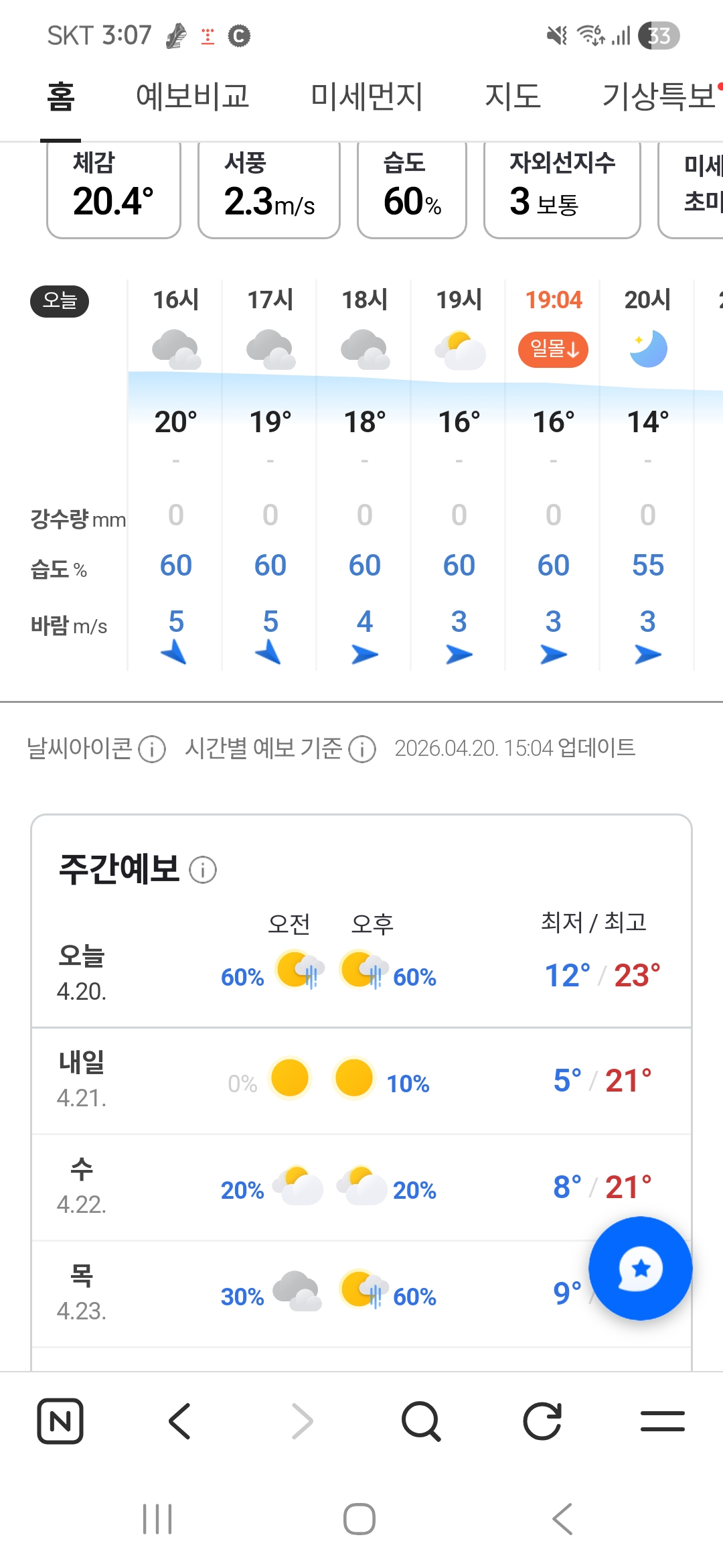 구미 실시간 날씨 화면, 바람 세기 5m/s 지표가 표시된 스마트폰 캡처 사진
