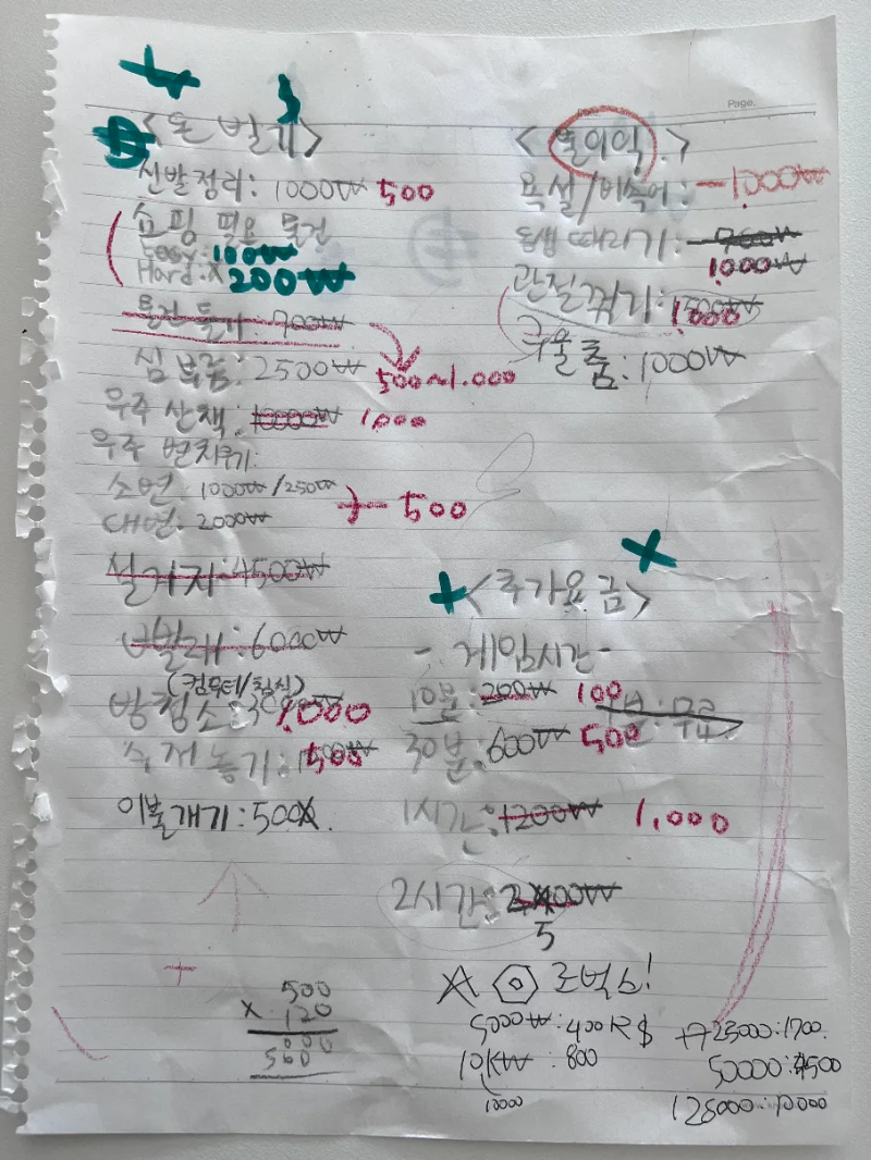 아이가 용돈 벌기 위해 스스로 작성한 가격표
신발정리 - 500원 등